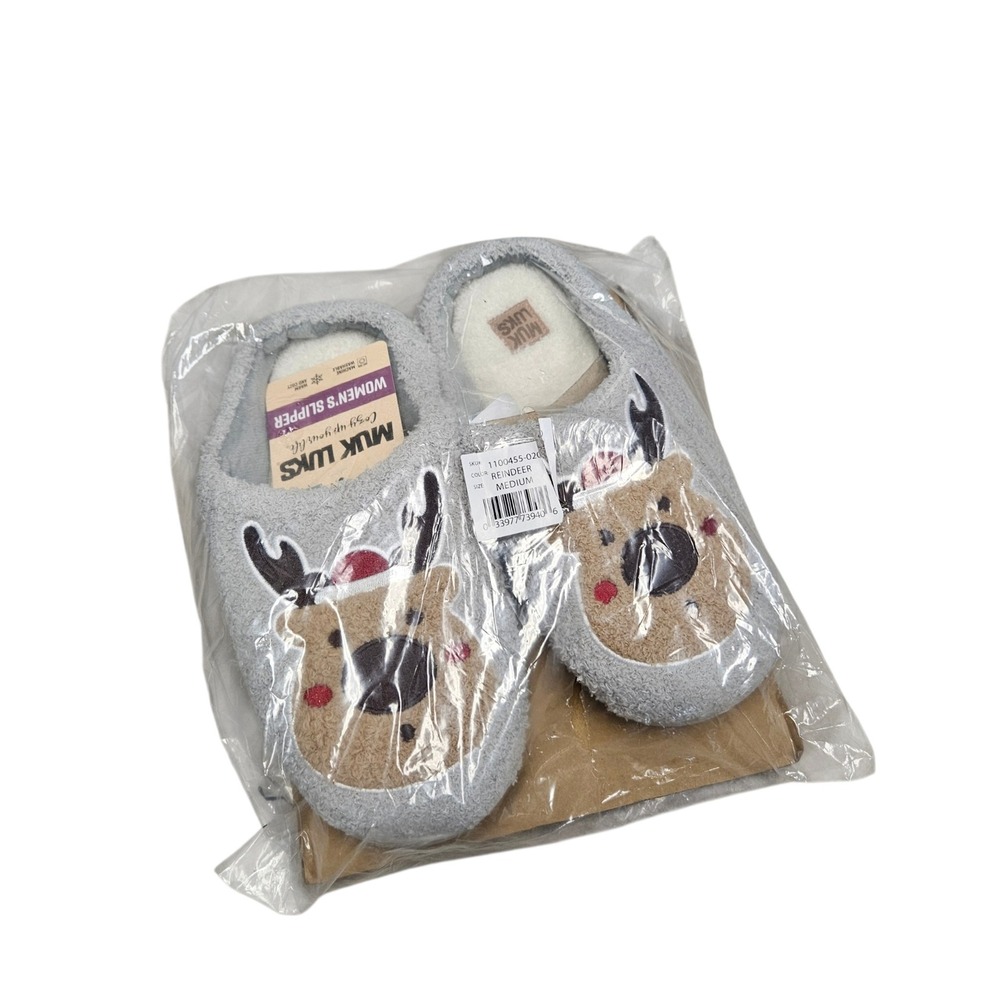 Muk‎ Luks Slippers Women Medium Grey Reindeer Holiday Cozy Scuff Indoor Shoes